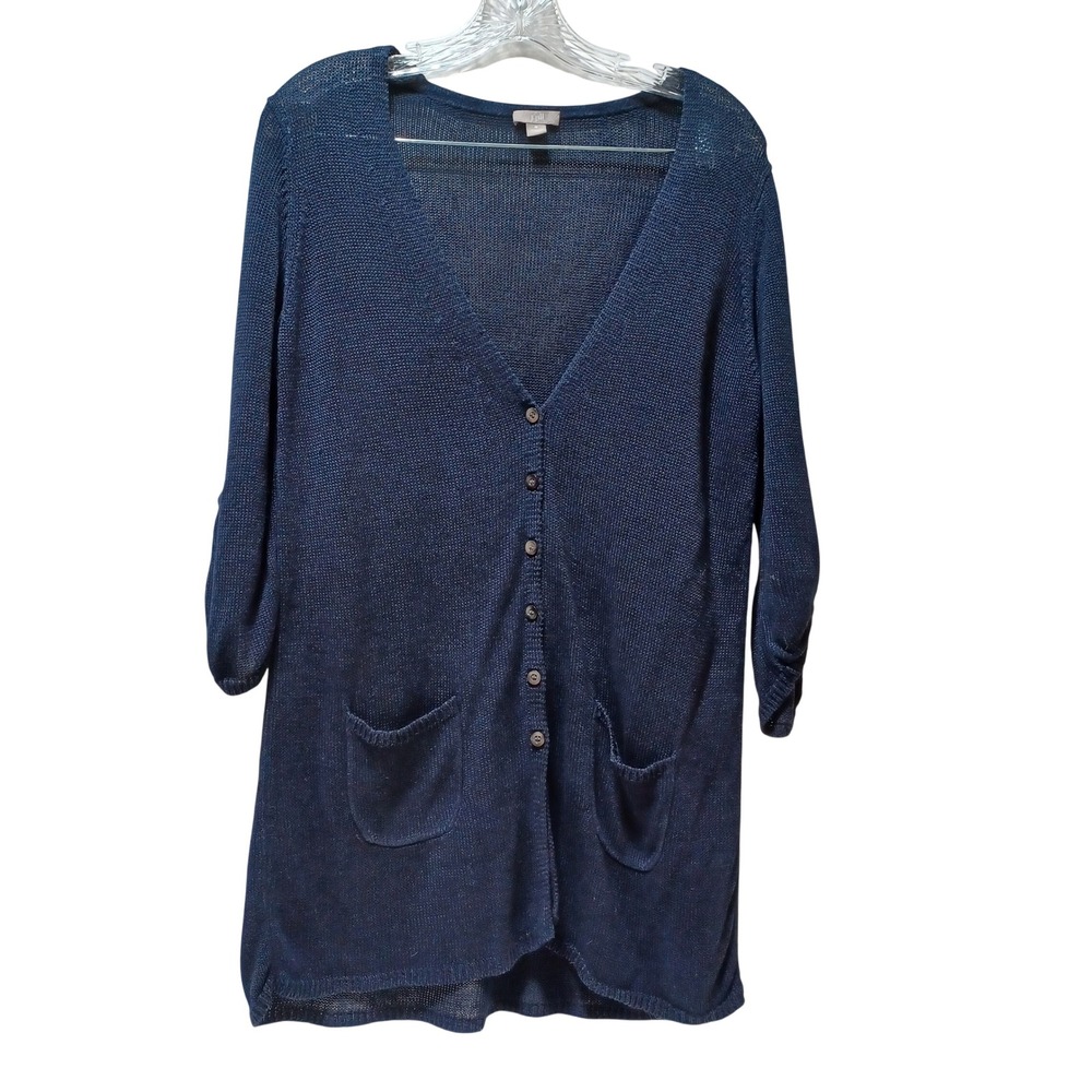 J Jill M Navy Linen Bamboo Longline Cardigan Coastal Quiet Luxury Minimalist‎